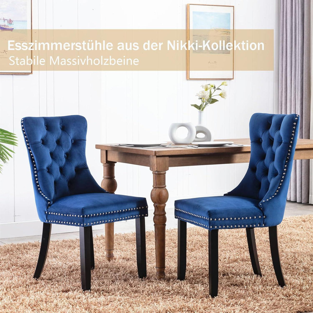 Samt Esszimmerstühle 6er Set mit Massivholzbeinen, Blau