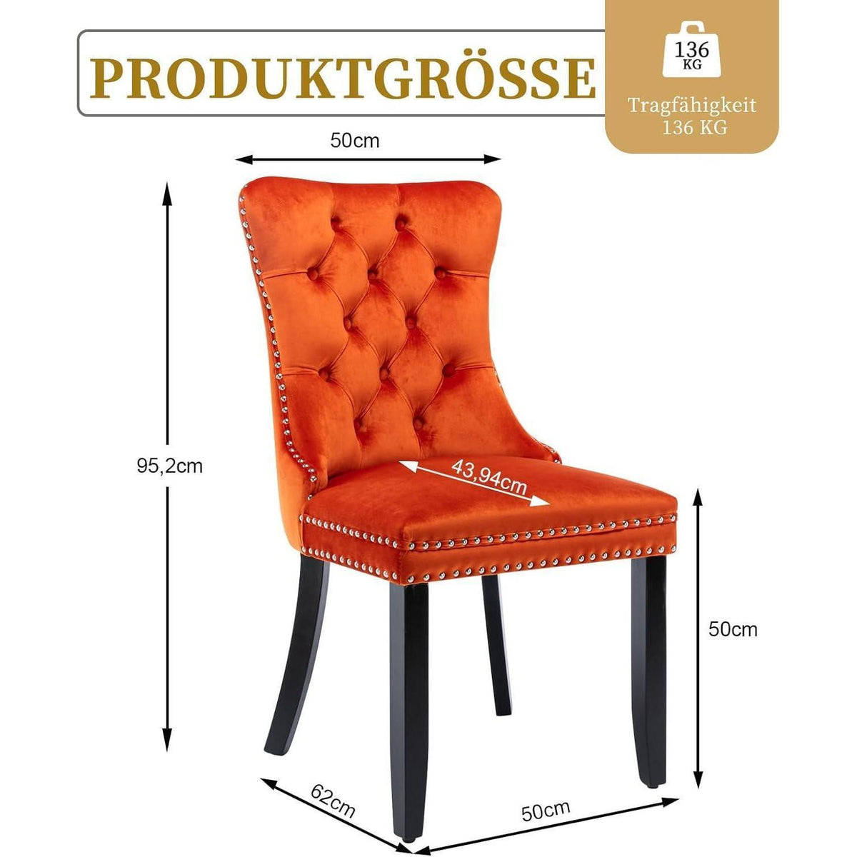 Samt-Esszimmerstühle 4er Set mit Massivholzbeinen, Orange