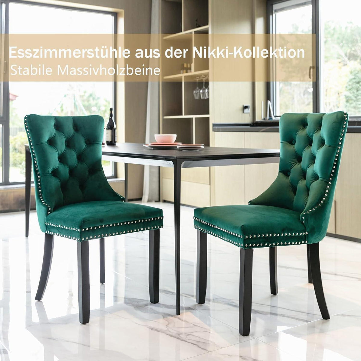 Samt Esszimmerstühle 6er Set mit Massivholzbeinen, Grün