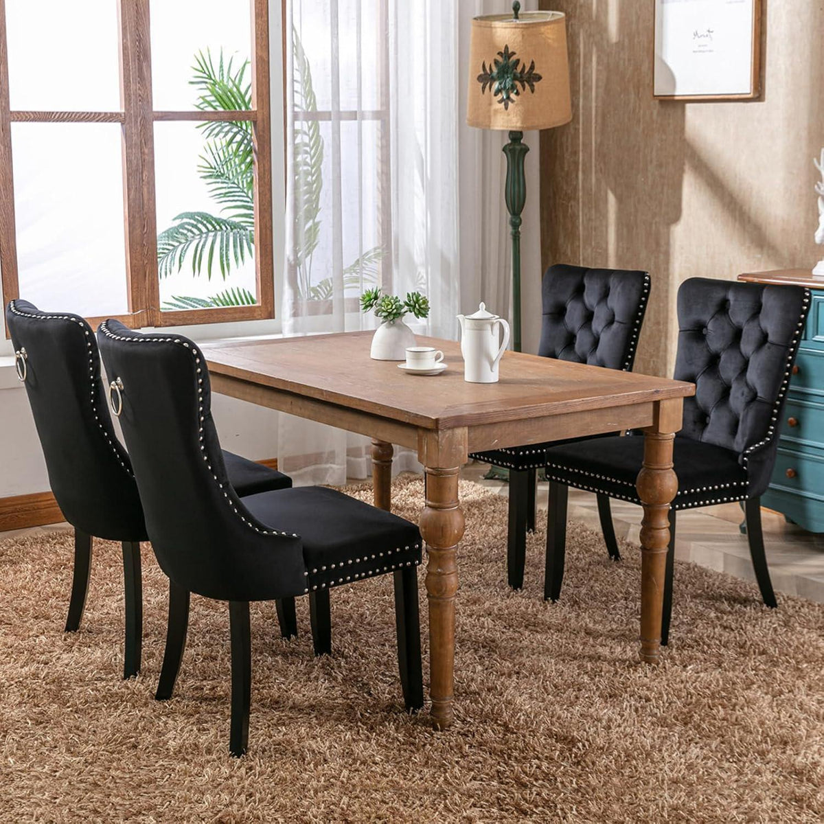 Samt Esszimmerstühle 6er Set mit Massivholzbeinen Schwarz