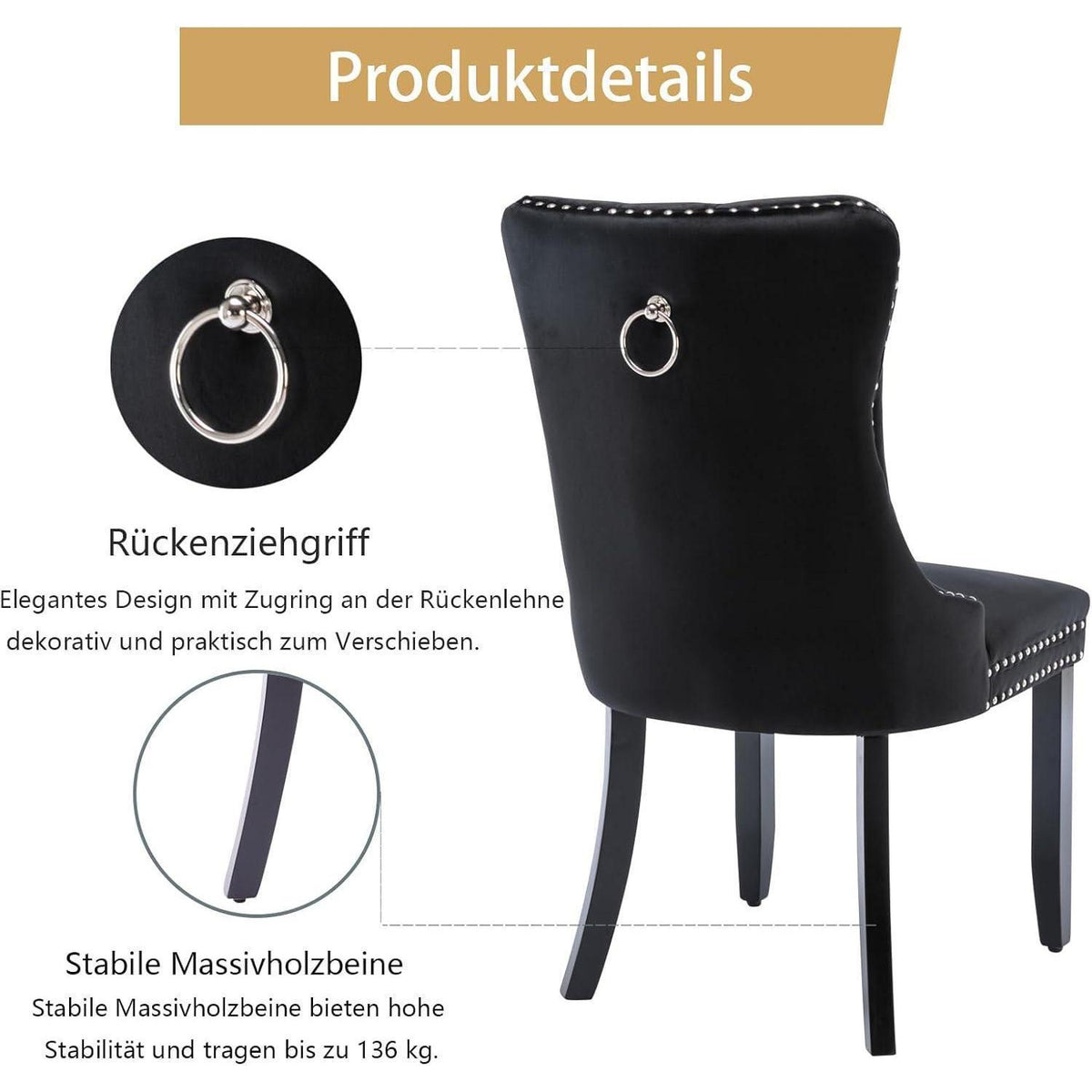 Samt Esszimmerstühle 6er Set mit Massivholzbeinen Schwarz