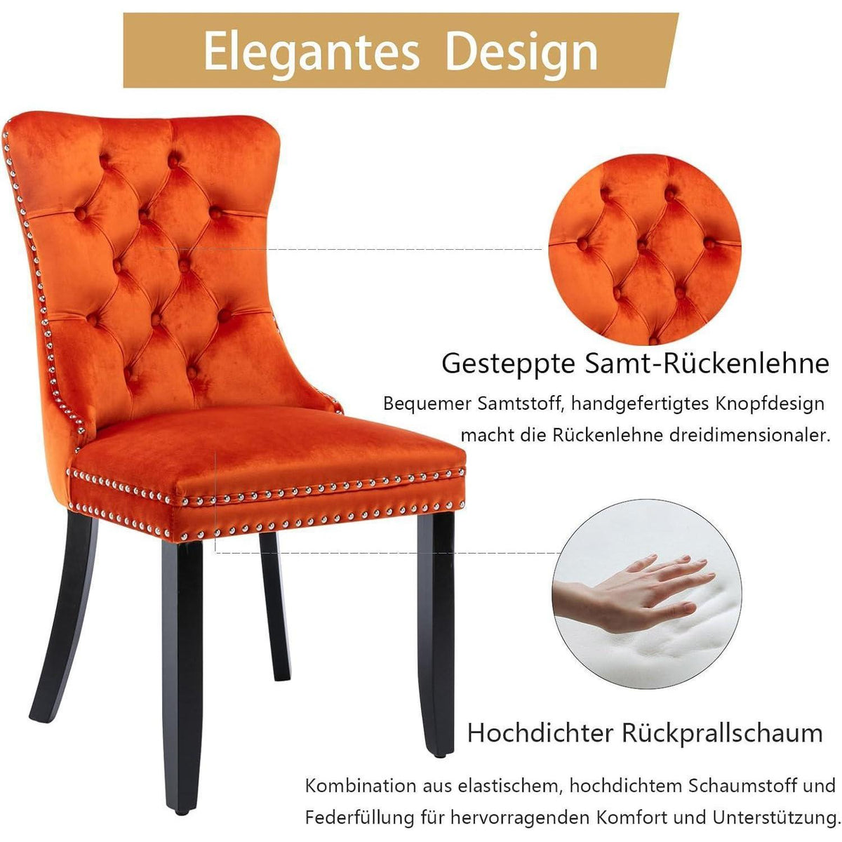 8x Samt Esszimmerstühle mit Massivholzbeinen, Orange