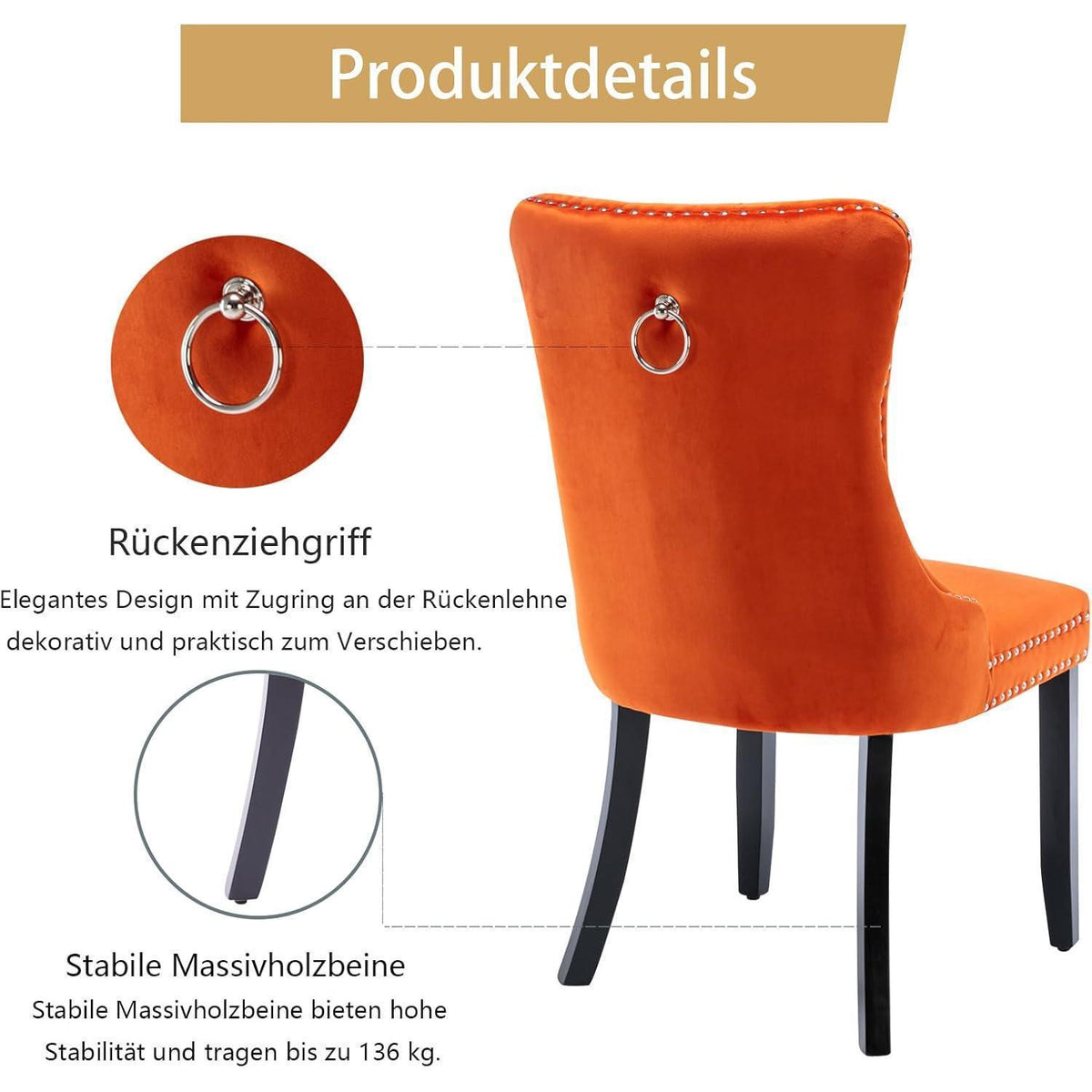 8x Samt Esszimmerstühle mit Massivholzbeinen, Orange