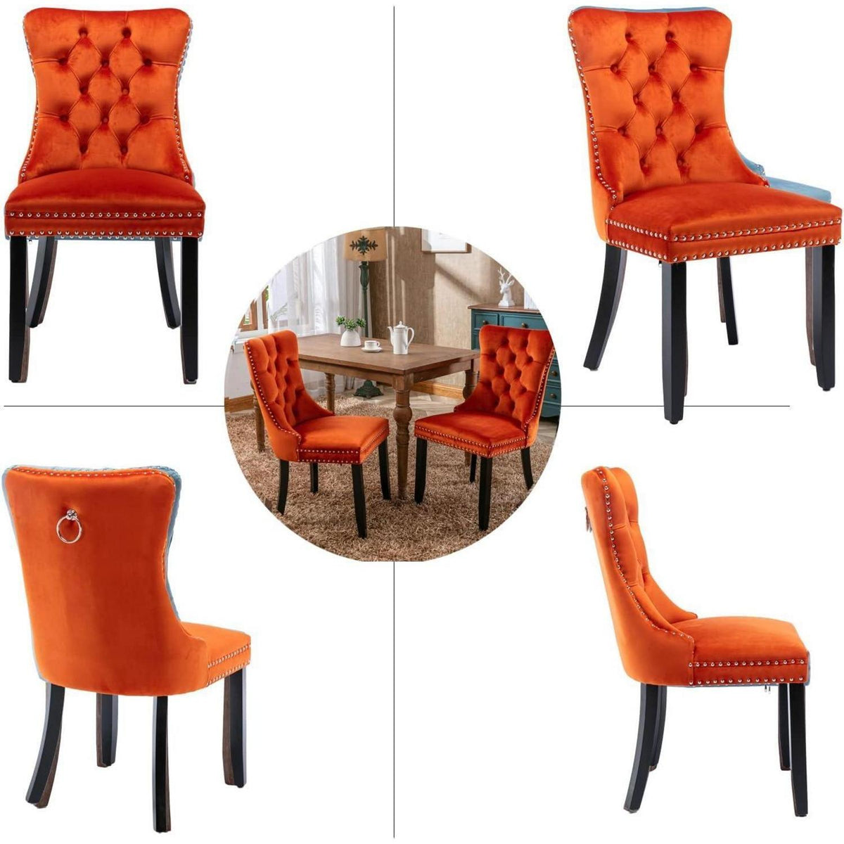 8x Samt Esszimmerstühle mit Massivholzbeinen, Orange