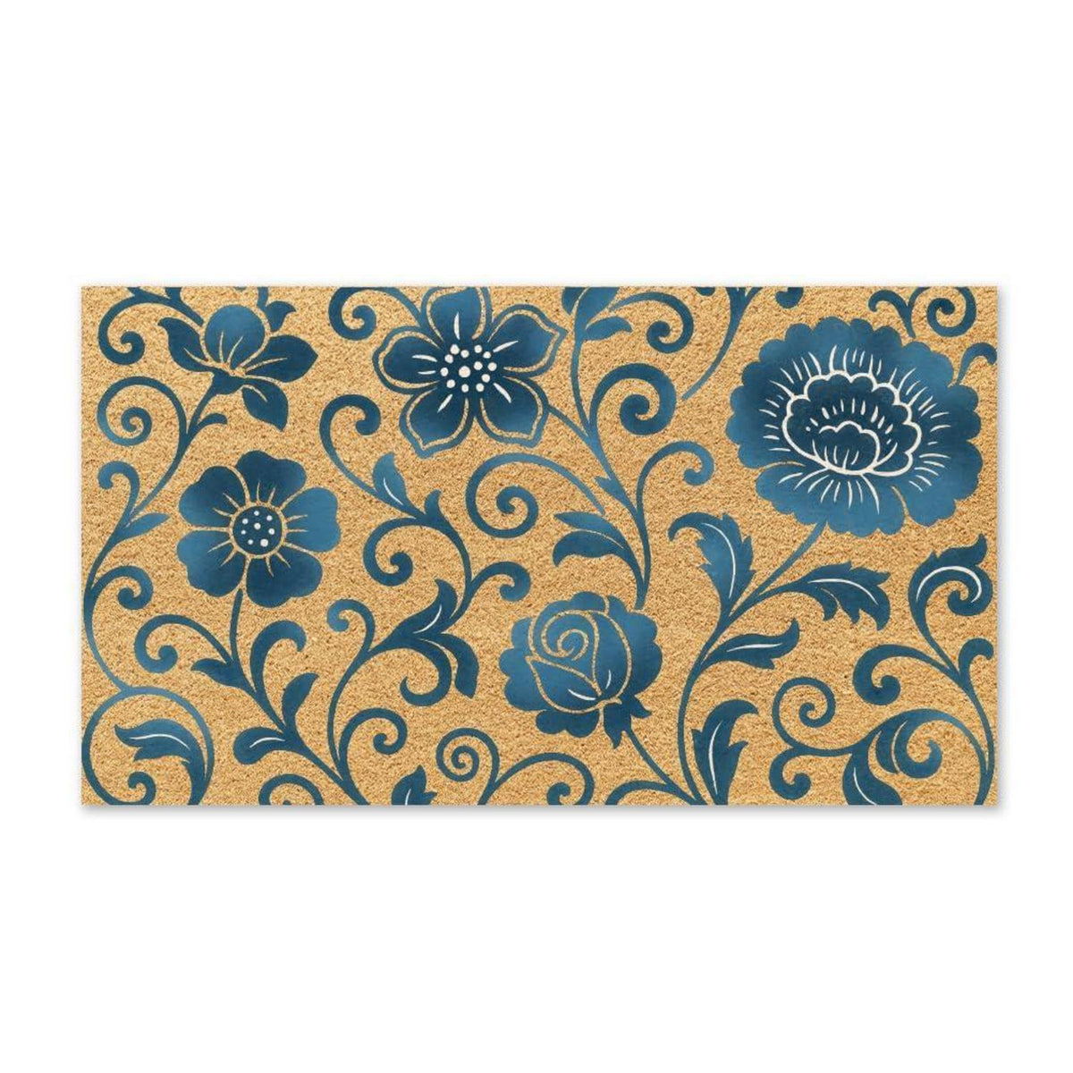 Fußmatte Blumenmuster Kokosfaser rutschfest 76x43cm blautöne