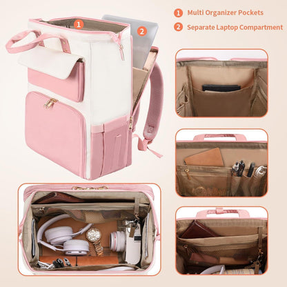 Lunch-Rucksack Damen Rosa-Beige mit Lunchbox & Laptopfach