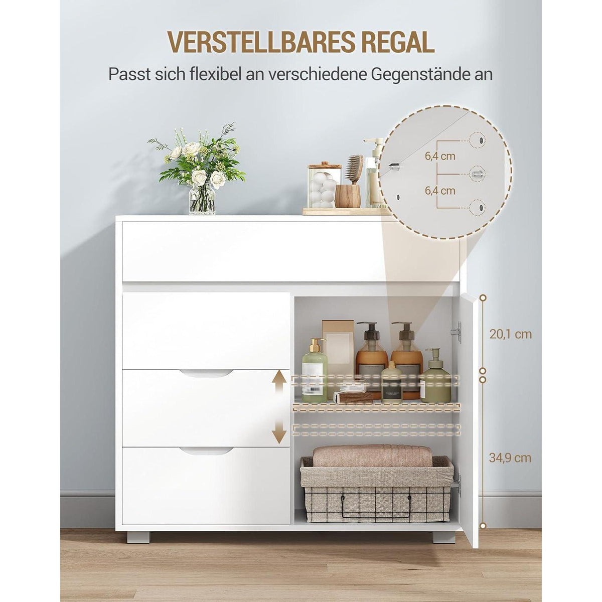 Hzuaneri Badezimmerschrank Weiß – Verstellbare Regale & 4 Schubladen