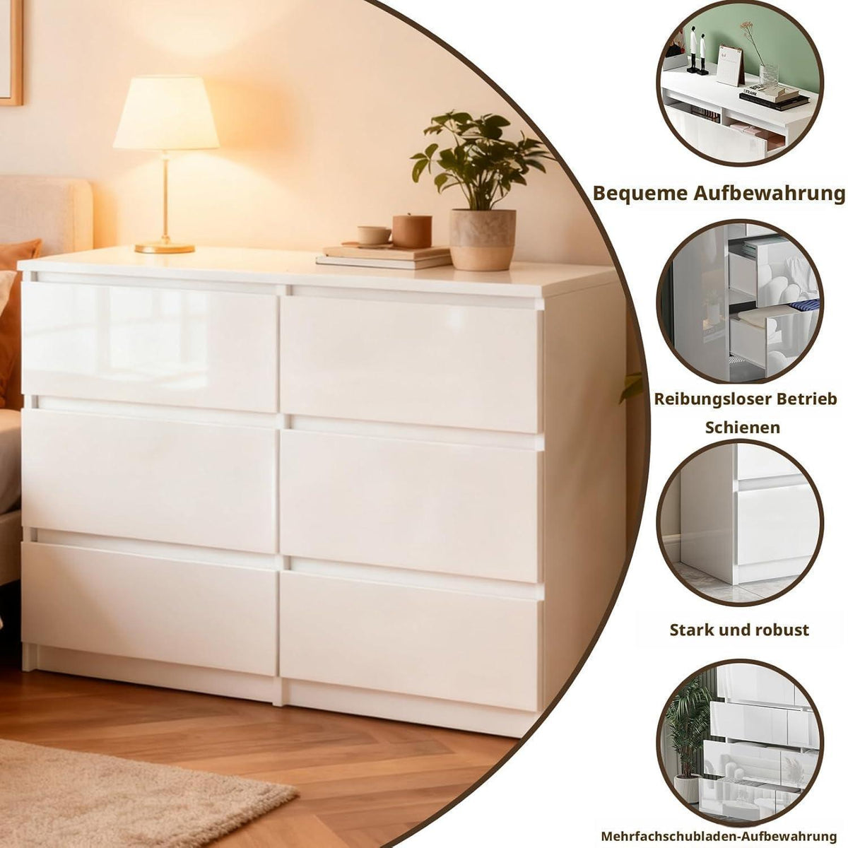 Weiße Kommode mit 6 Schubladen – Hochglanz Schlafzimmerschrank