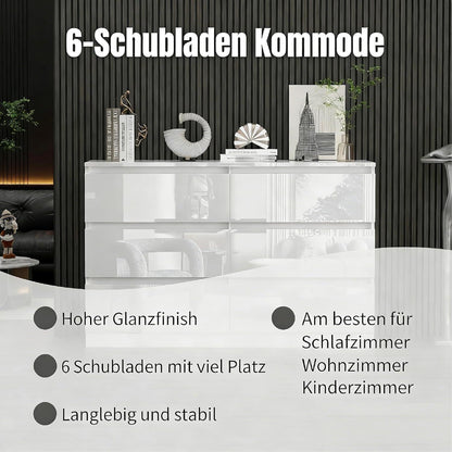 Weiße Kommode mit 6 Schubladen – Hochglanz Schlafzimmerschrank