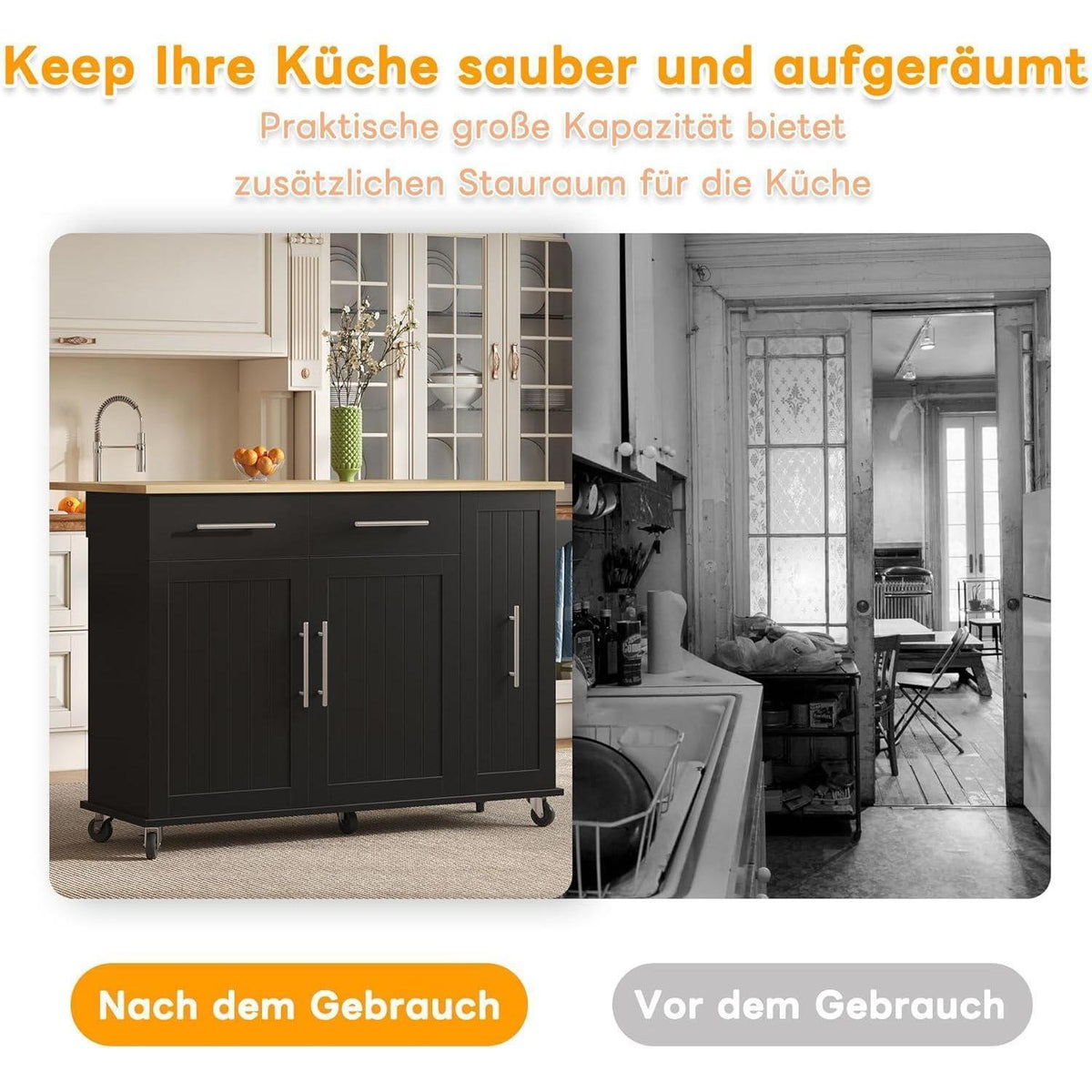 Mobile Kücheninsel mit Klappplatte & Schubladen (120cm Schwarz)