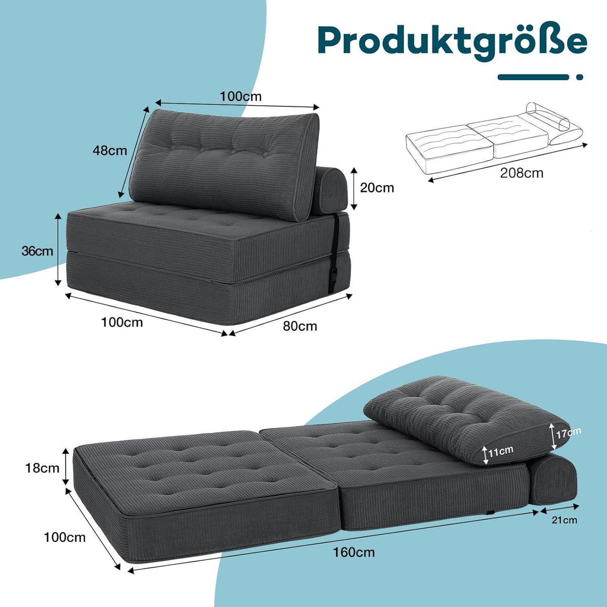 Faltbares Schlafsofa 3-in-1 – Schlafsessel & Gästebett Grau