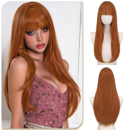 Lange, orange Perücke mit Pony – 60cm gestuft & elegant