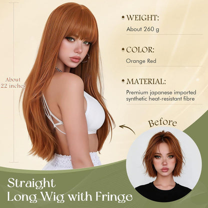 Lange, orange Perücke mit Pony – 60cm gestuft & elegant