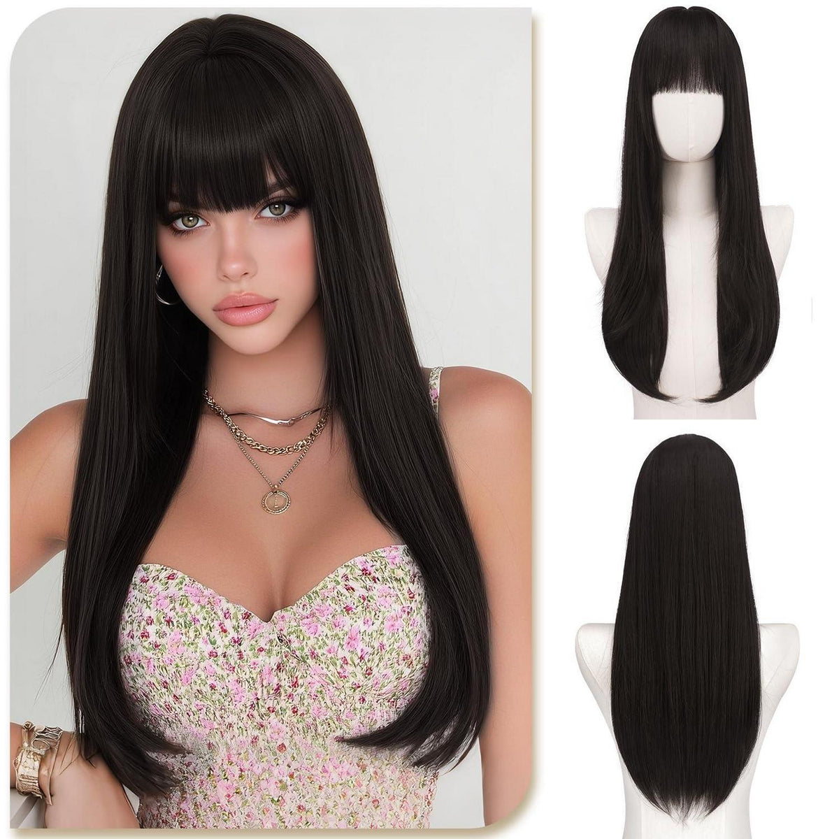 Dunkelbraune lange Perücke mit Pony – 60cm gestuft & elegant