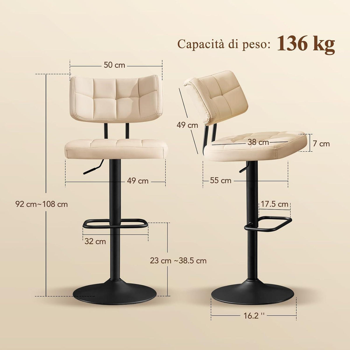 Barhocker Set 3er – Höhenverstellbar, Beige in Lederoptik