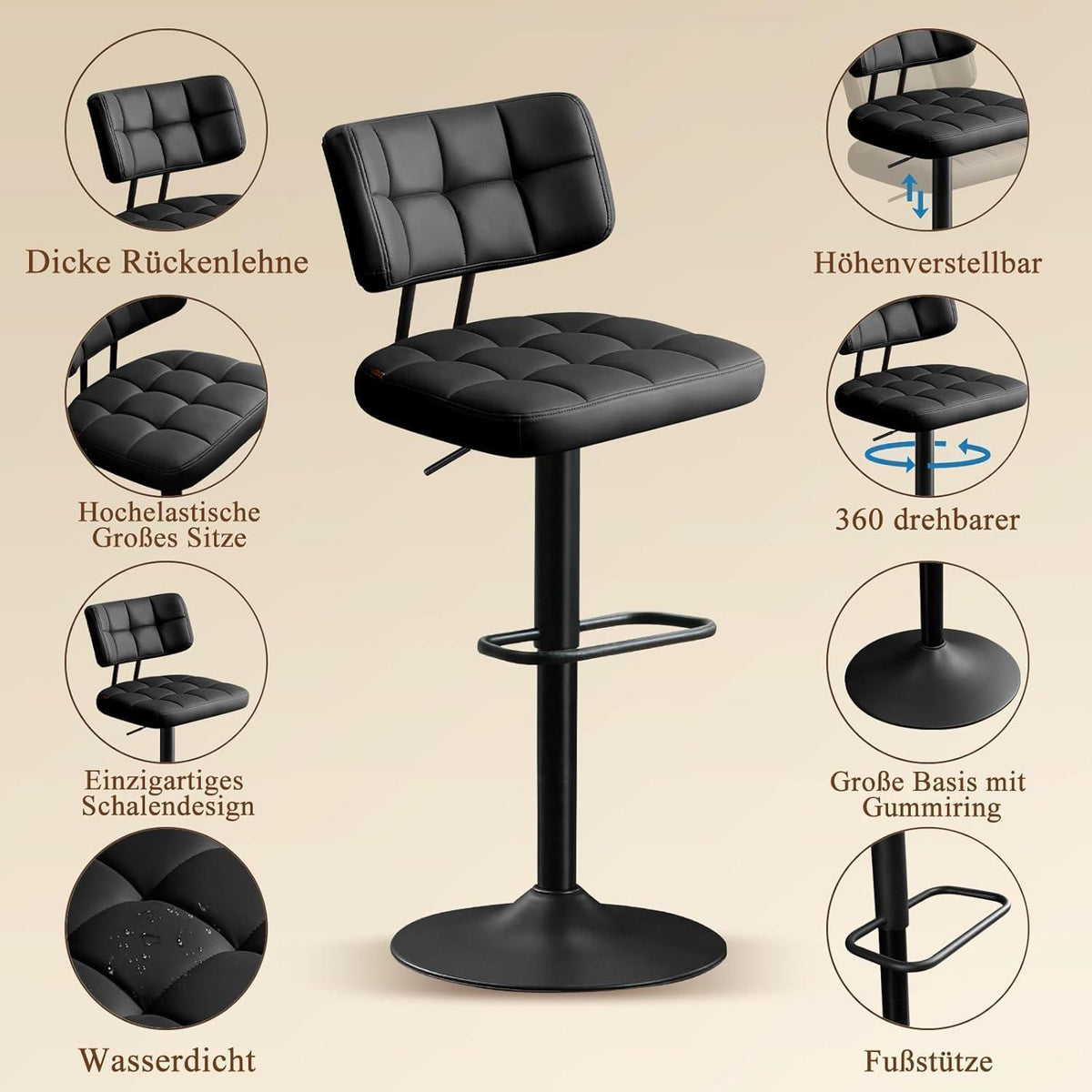 Barhocker Set 3er – Höhenverstellbar, Schwarz in Lederoptik