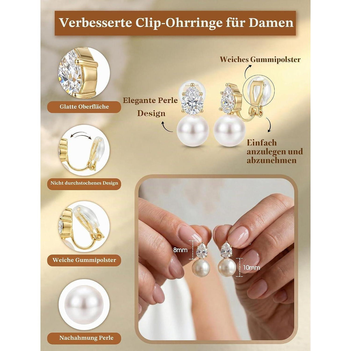 Ohrclips Damen 14K Gold Perlen Zirkonia Clip Ohrringe Ohne Ohrlöcher