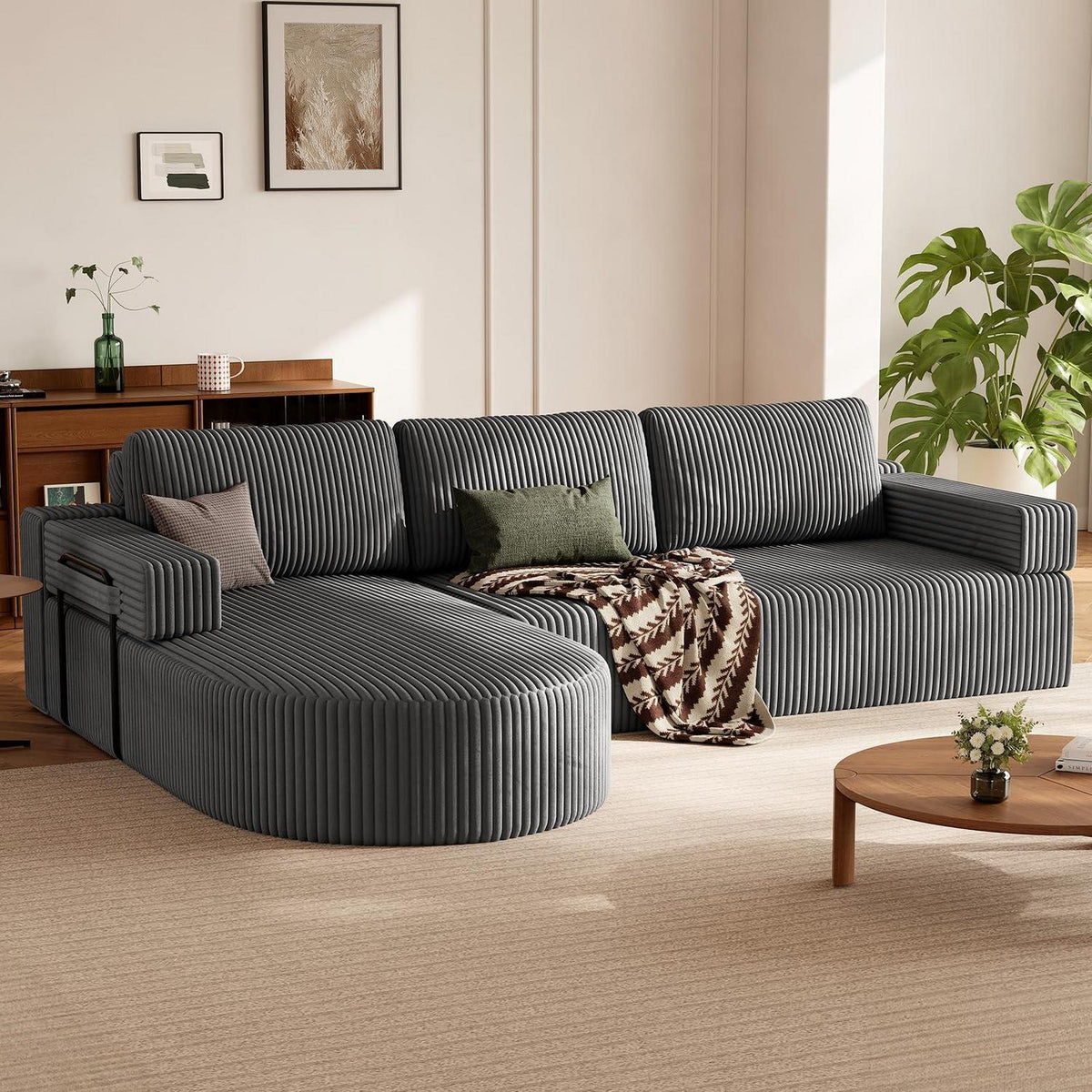 Ecksofa mit Schlaffunktion, Grau – Komfortabler Schlafsofa mit Chaise Longue