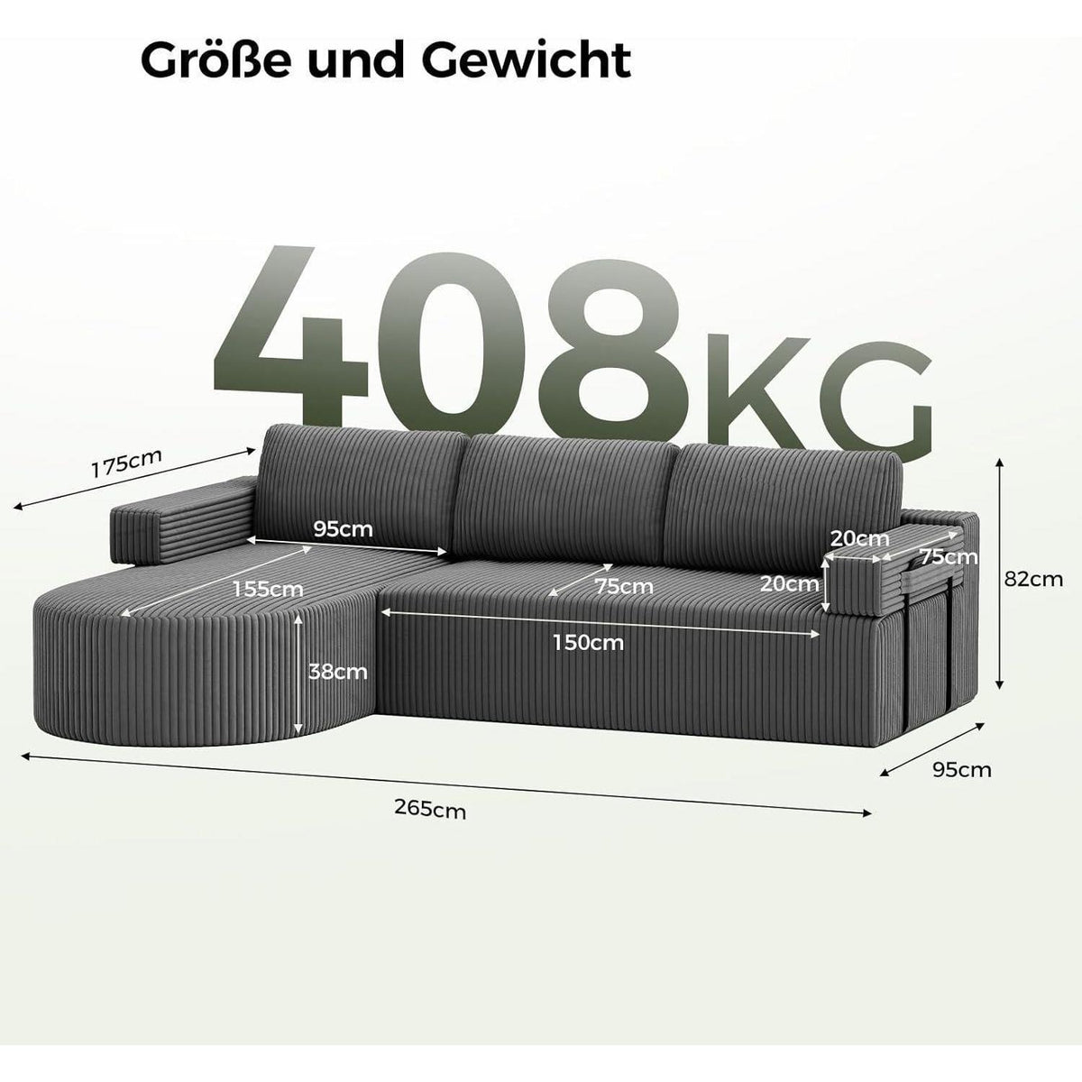 Ecksofa mit Schlaffunktion, Grau – Komfortabler Schlafsofa mit Chaise Longue