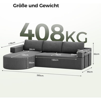Ecksofa mit Schlaffunktion, Grau – Komfortabler Schlafsofa mit Chaise Longue
