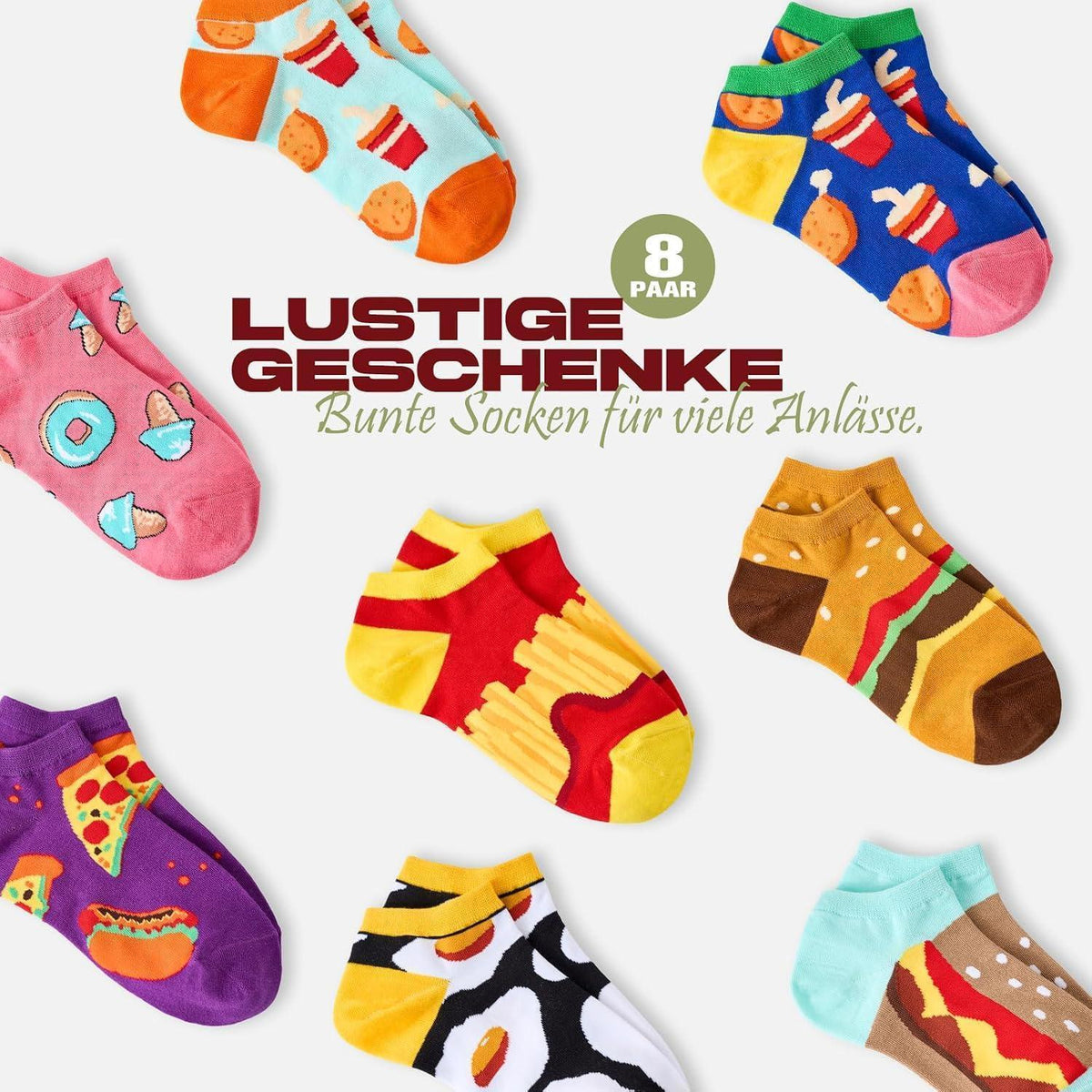 Lustige Sneaker Socken Damen – 8er Pack Baumwolle, Food-Muster 31-42