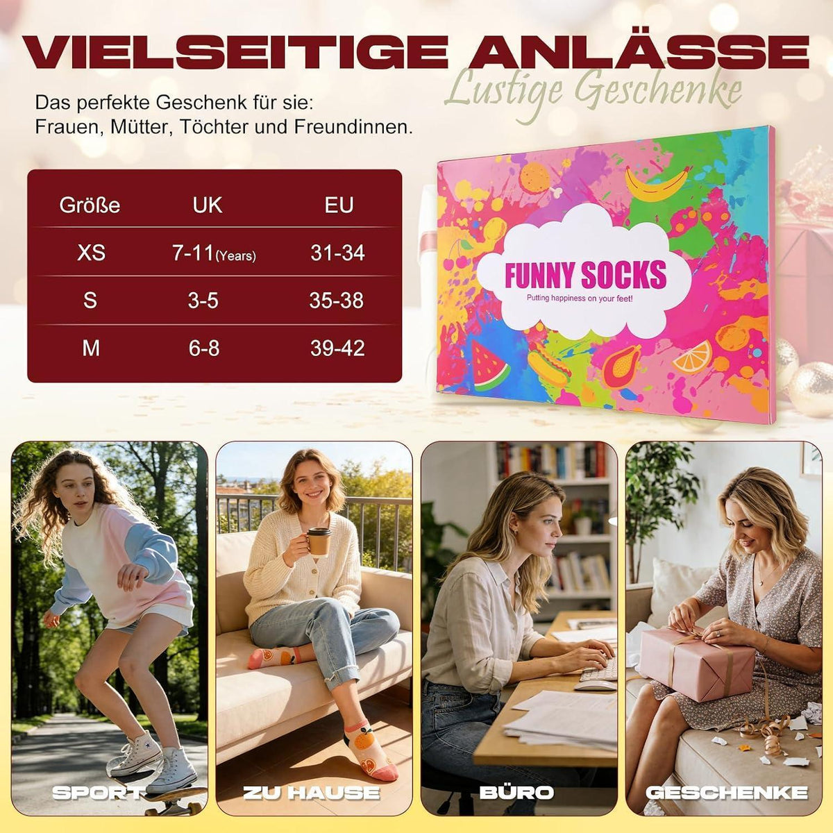 Lustige Sneaker Socken Damen – 8er Pack Baumwolle, Food-Muster 31-42