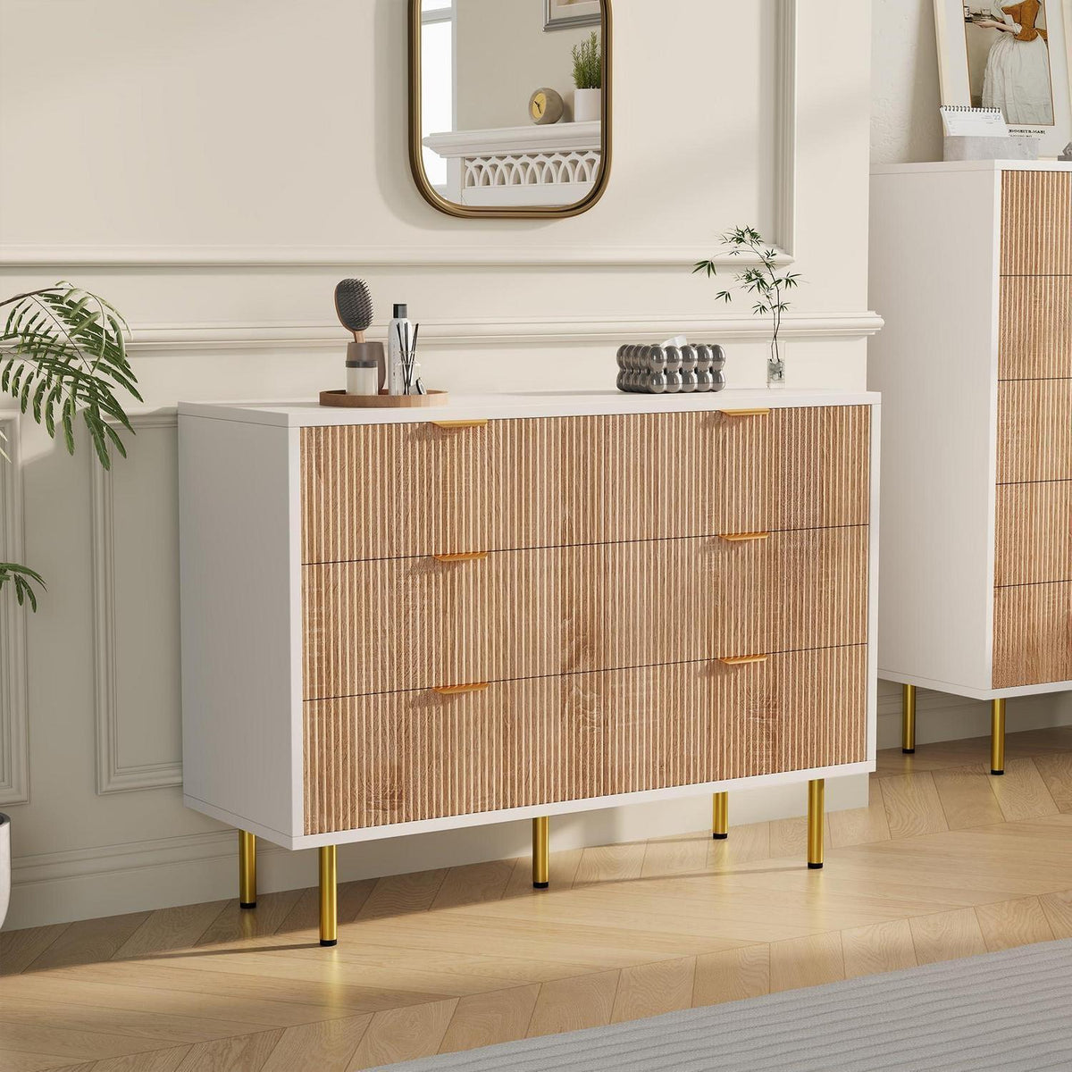 Moderne Kommode 5 Schubladen Weiß+Naturholz 100x34x73 cm