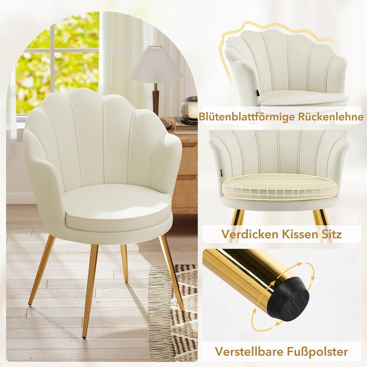Samt Esszimmerstuhl mit Blütenblatt-Rückenlehne & Goldbeinen