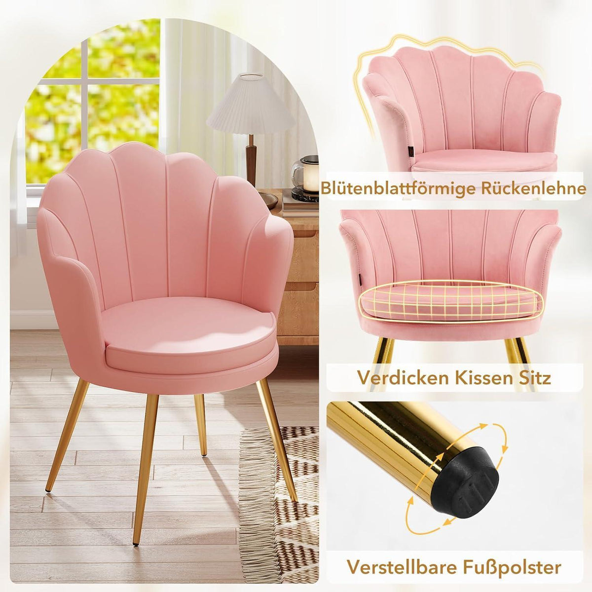 Samt Esszimmerstuhl mit Blütenblatt-Rückenlehne & Goldbeinen