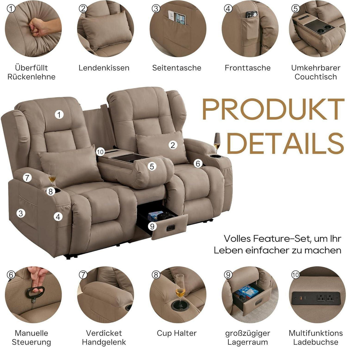 2er Relaxsessel mit Liegefunktion & Konsole – Khaki