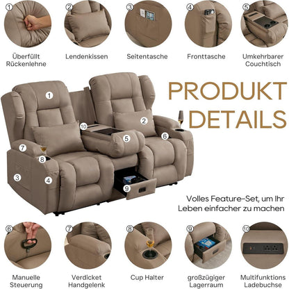 2er Relaxsessel mit Liegefunktion & Konsole – Khaki