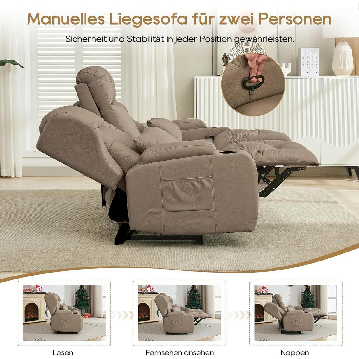 2er Relaxsessel mit Liegefunktion & Konsole – Khaki