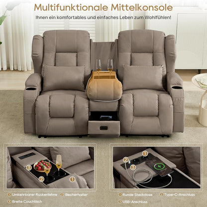 2er Relaxsessel mit Liegefunktion & Konsole – Khaki