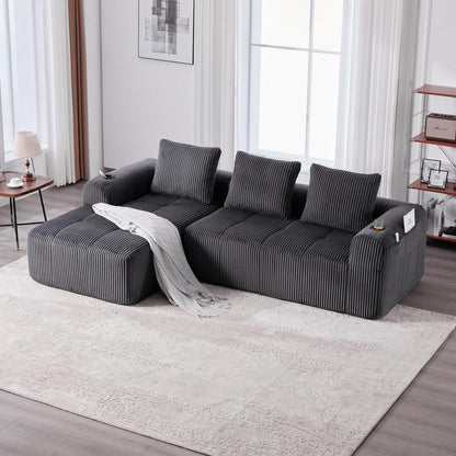 Kompaktes 3-Sitzer Cord Sofa mit Schlaffunktion & Kissen - Darkgray