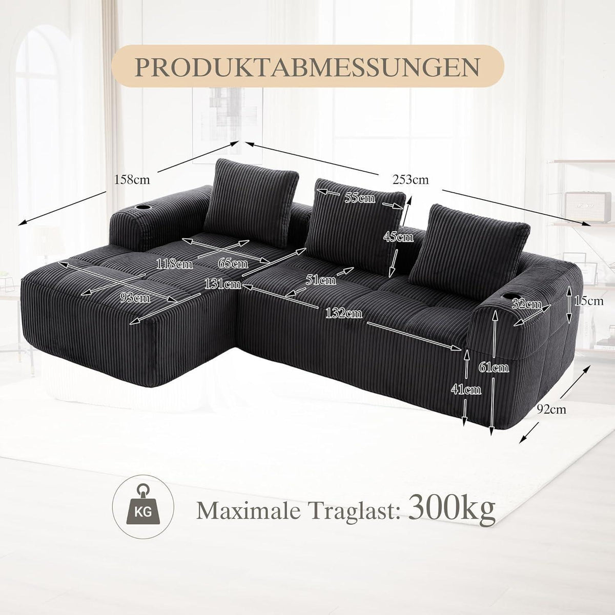 Kompaktes 3-Sitzer Cord Sofa mit Schlaffunktion & Kissen - Darkgray