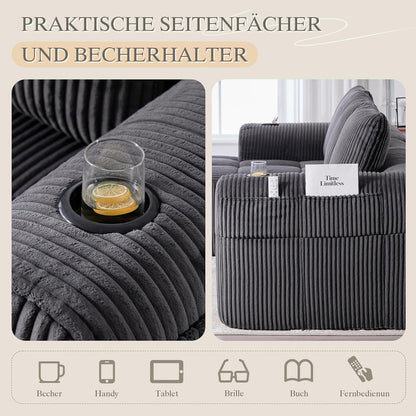 Kompaktes 3-Sitzer Cord Sofa mit Schlaffunktion & Kissen - Darkgray