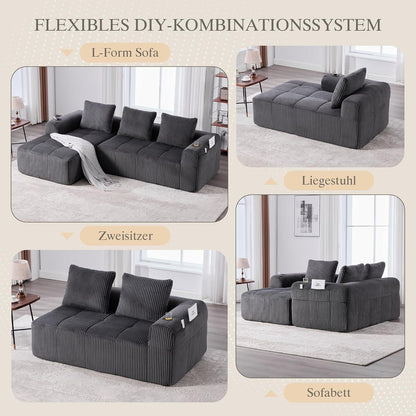 Kompaktes 3-Sitzer Cord Sofa mit Schlaffunktion & Kissen - Darkgray