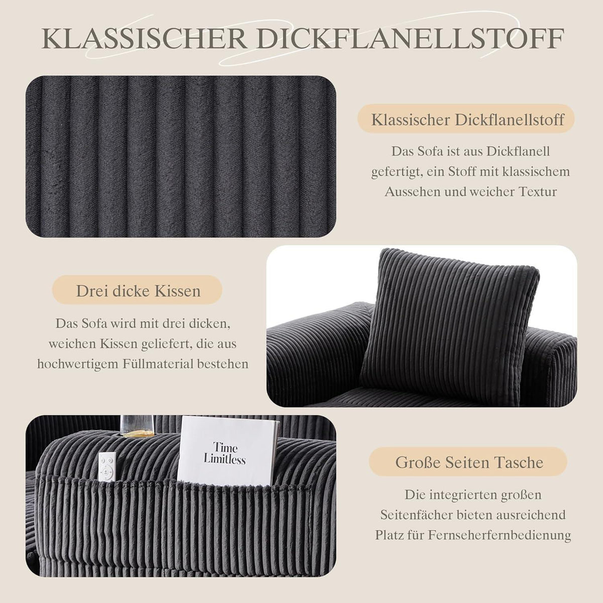 Kompaktes 3-Sitzer Cord Sofa mit Schlaffunktion & Kissen - Darkgray
