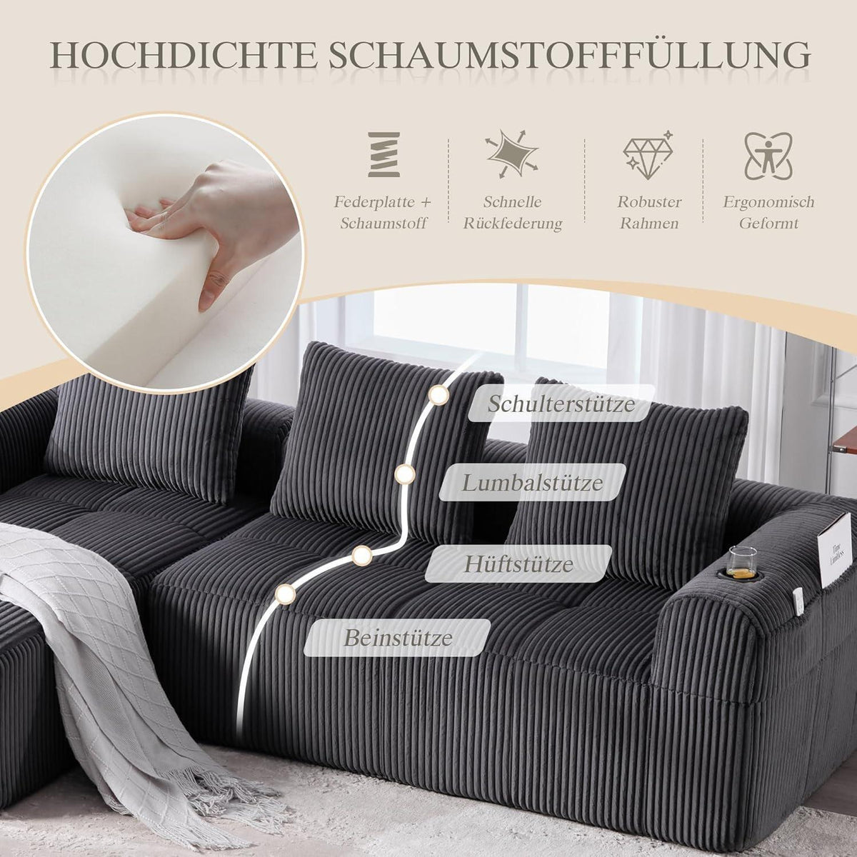 Kompaktes 3-Sitzer Cord Sofa mit Schlaffunktion & Kissen - Darkgray