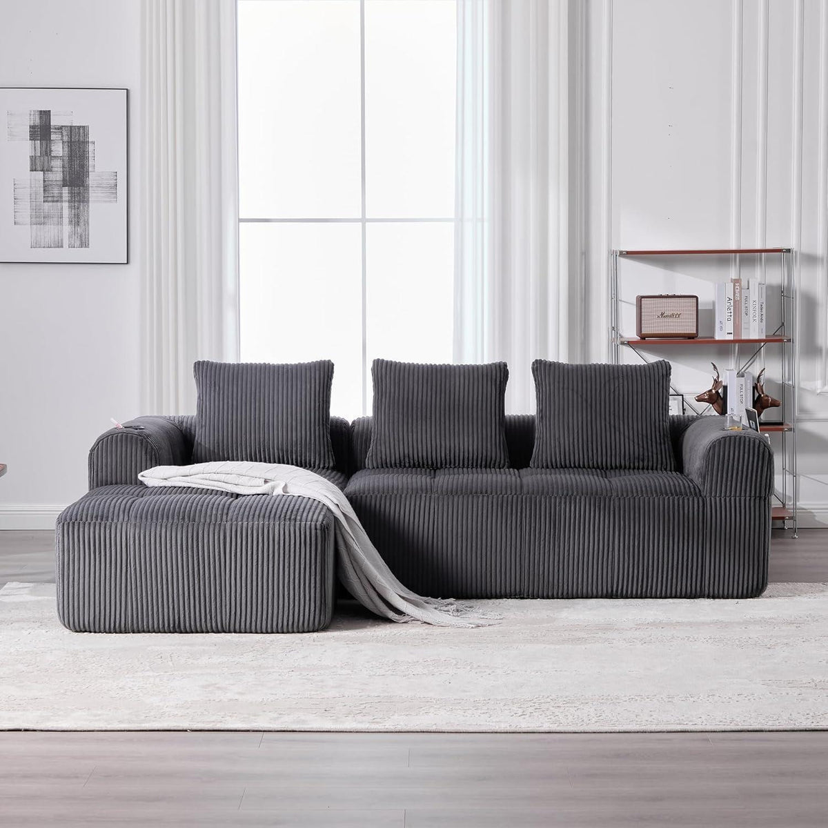 Kompaktes 3-Sitzer Cord Sofa mit Schlaffunktion & Kissen - Darkgray
