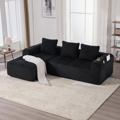 Kompaktes 3-Sitzer Cord Sofa mit Schlaffunktion & Kissen (Schwarz)