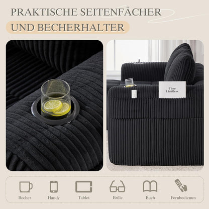 Kompaktes 3-Sitzer Cord Sofa mit Schlaffunktion & Kissen (Schwarz)