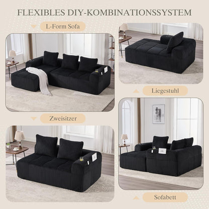Kompaktes 3-Sitzer Cord Sofa mit Schlaffunktion & Kissen (Schwarz)