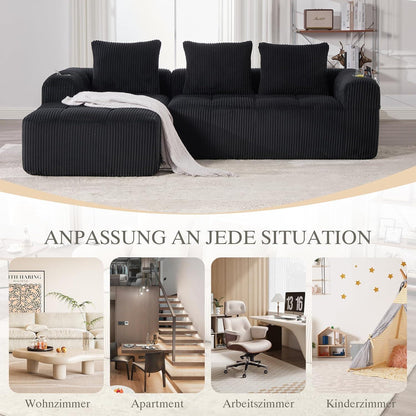 Kompaktes 3-Sitzer Cord Sofa mit Schlaffunktion & Kissen (Schwarz)