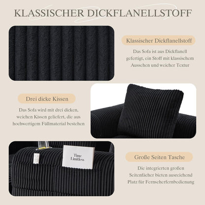 Kompaktes 3-Sitzer Cord Sofa mit Schlaffunktion & Kissen (Schwarz)