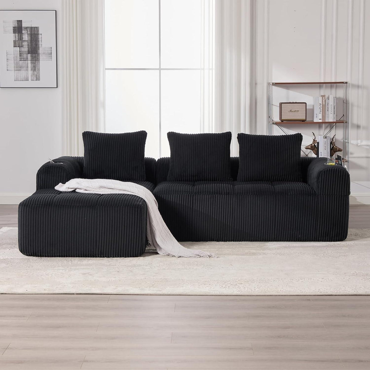 Kompaktes 3-Sitzer Cord Sofa mit Schlaffunktion & Kissen (Schwarz)
