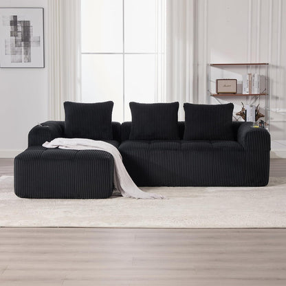 Kompaktes 3-Sitzer Cord Sofa mit Schlaffunktion & Kissen (Schwarz)