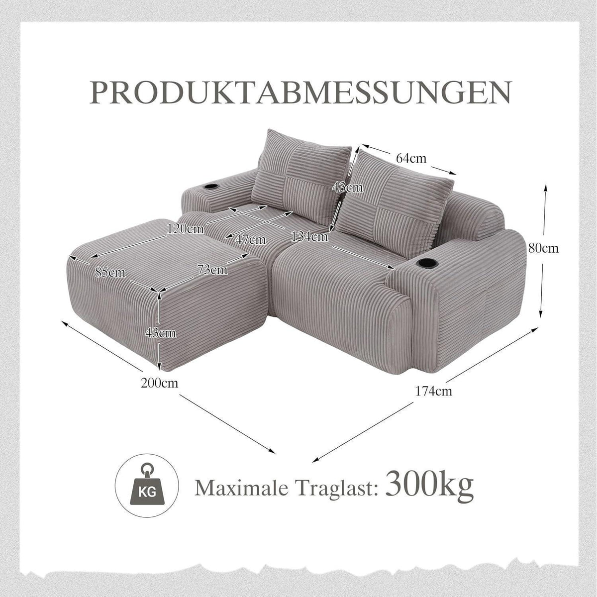 Modulares Cord Sofa 2-Sitzer mit Hocker & Stauraum, Hellgrau