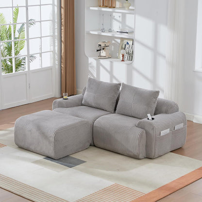 Modulares Cord Sofa 2-Sitzer mit Hocker & Stauraum, Hellgrau