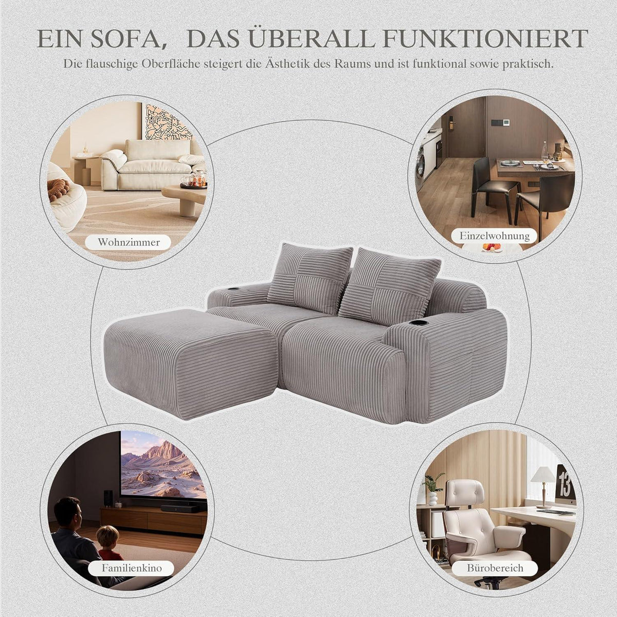 Modulares Cord Sofa 2-Sitzer mit Hocker & Stauraum, Hellgrau